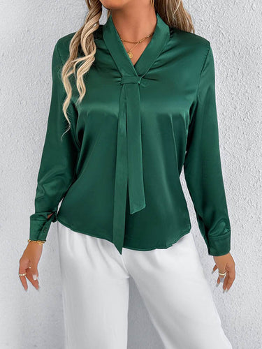 1728967 Long Sleeves Loose Solid Color Split-Joint Streamer Scarf Collar Blouses&Shirts Tops