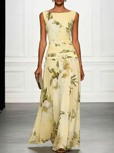 1780768 A-Line High Waisted Flower Print Pleated Split-Joint Zipper Round-Neck Maxi Dresses