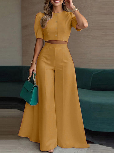 1783680 High Waisted Loose Buttoned Solid Color Round-Neck Blouses Top + Pants Bottom Two Pieces Set