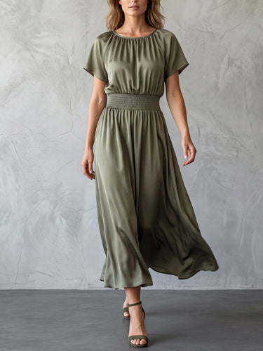 1781684 Batwing Sleeves High Waisted Elasticity Solid Color Round-Neck Maxi Dresses