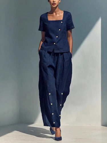 1767807 Pantalon ample à jambes larges et poches boutonnées, couleur unie