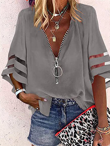 1747738 Loose Seven-Quarter Sleeves Hollow Solid Color Split-Joint Zipper Stand Collar Blouses&Shirts Tops