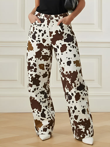 Elasticated Waist High Waisted Contrast Color Cow Printed Split-Joint Pants