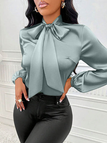 1729155 Long Sleeves Loose Bow-Embellished Pleated Solid Color Split-Joint Scarf Collar Blouses&Shirts Tops