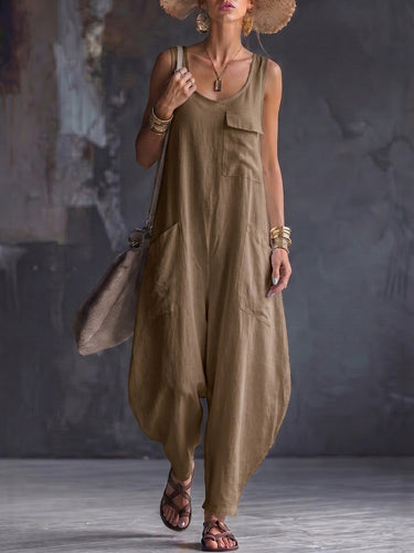 1781483 Loose Sleeveless Pockets Solid Color Square-Neck Jumpsuits
