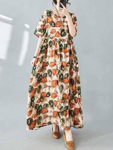ハーフスリーブは、プリーツプリーツプリントプリントのスプリットジョイントラウンドネックミディドレスを緩めます