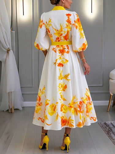 1784095 Loose Puff Sleeves Contrast Color Elasticity Flower Print Tied Waist Deep V-Neck Midi Dresses