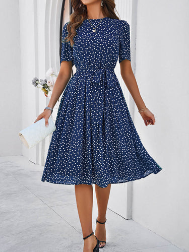1746074 A-Line Elasticated Waist Contrast Color Polka Dot Split-Joint Tied Waist Round-Neck Midi Dresses