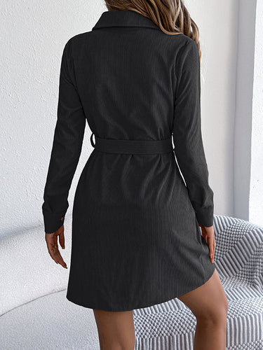 1713261 Elasticated Waist Long Sleeves Belted Buttoned Single-Breasted Solid Color Lapel Collar Mini Dresses Shirt Dress
