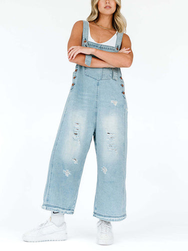 1783226 Cropped Wide Leg Buttoned Pockets Solid Color Adjustable Straps Overalls