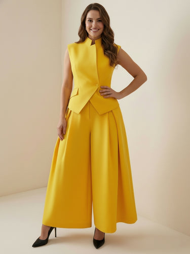 Elasticated Waist High Waisted Asymmetric Buttoned Solid Color Split-Joint Stand Collar Tank Top