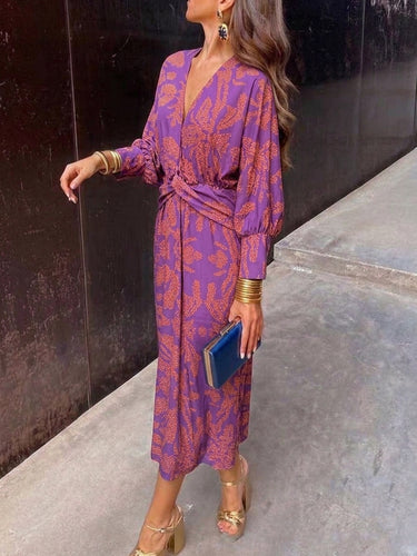 1785793 High Waisted Long Sleeves Contrast Color Knot Printed Deep V-Neck Midi Dresses