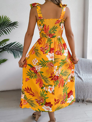 1783870 A-Line Loose Contrast Color Elasticity Flower Print Tied Spaghetti-Neck Midi Dresses