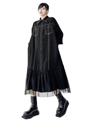 1726274 Irregularity Long Sleeves Asymmetric Buttoned Line Solid Color Split-Joint Lapel Midi Dresses Shirt Dress