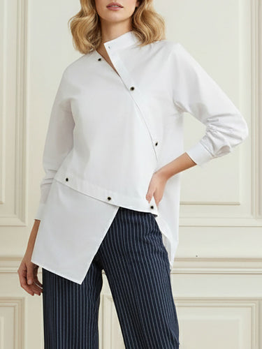 Mangas compridas Blouses e camisas de frente para abotoamento assimétrico