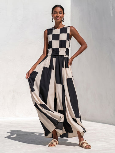 1786501 A-Line High Waisted Buttoned Contrast Color Plaid Pockets Printed Round-Neck Maxi Dresses