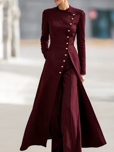 High Waisted Long Sleeves Buttoned Solid Color Split-Front Round-Neck Midi Dresses