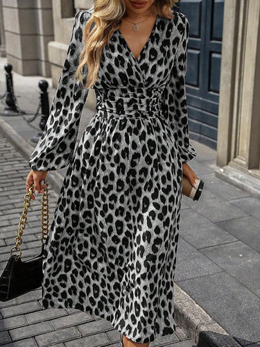 1728958 Elasticated Waist High Waisted Contrast Color Leopard Pleated Split-Joint V-Neck Maxi Dresses