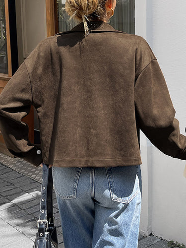 1719253 Long Sleeves Loose Pockets Solid Color Zipper Lapel Jackets Outerwear