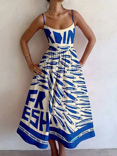 1751258 Elasticated Waist High Waisted Contrast Color Pleated Printed Split-Joint Spaghetti-Neck Midi Dresses