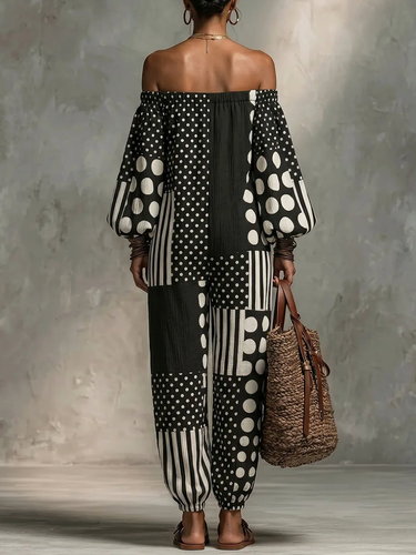 1779502 Long Sleeves Puff Sleeves Contrast Color Elasticity Polka Dot Split-Joint Striped Off-The-Shoulder Jumpsuits