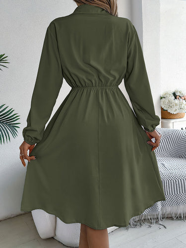 1756189 A-line Long Sleeves Buttoned Pleated Solid Color Tied Lapel Midi Dresses Shirt Dress