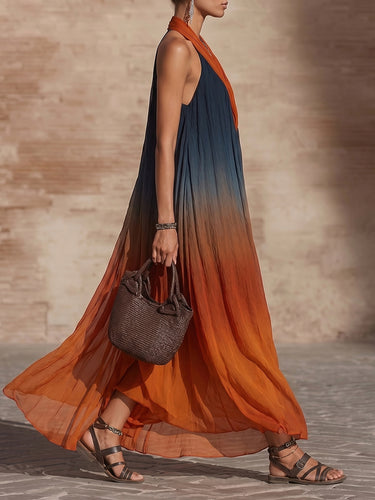 1779188 A-Line Loose Contrast Color Pleated Deep V-Neck Maxi Dresses