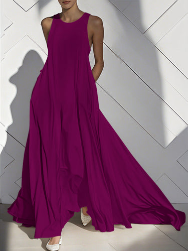 1668538 Loose Sleeveless Pockets Solid Color Split-Joint Round-Neck Maxi Dresses