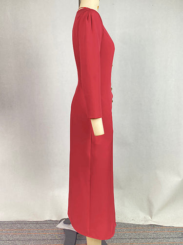1657721 Bodycon lange mouwen effen kleur V-hals maxi-jurken met knopen en overhemdjurk
