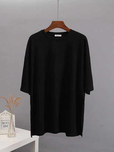 1784026 Loose Short Sleeves Solid Color Split-Side Round-Neck T-Shirts Tops