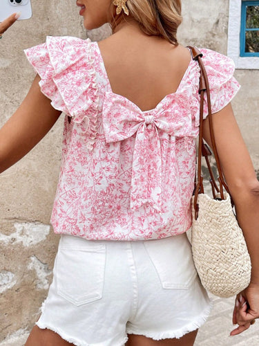 1777315 Blusa a maniche corte, senza schienale, con stampa floreale e fiocco sulla schiena, plissettata e scollo quadrato.&Stop