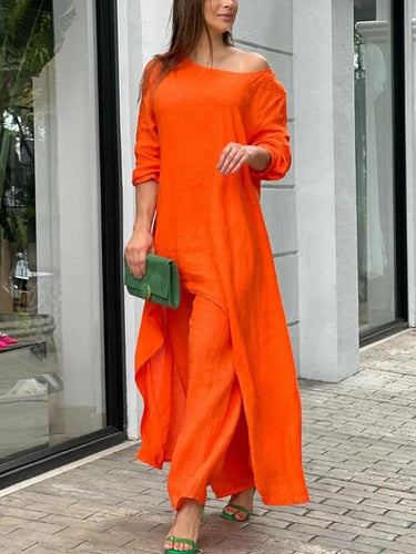 1780459 Asymmetric Solid Color High Waist High-Low Round-Neck Tops + Wide Leg Pants Bottoms Two Pieces Set