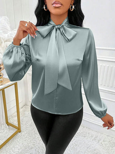 1729153 Long Sleeves Loose Bow-Embellished Pleated Solid Color Split-Joint Scarf Collar Blouses&Shirts Tops