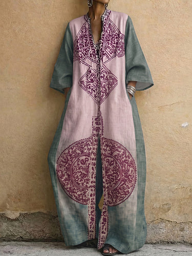 Losse driekwart mouwen, contrasterende kleuren, etnisch bedrukte zakken, V-hals jumpsuits
