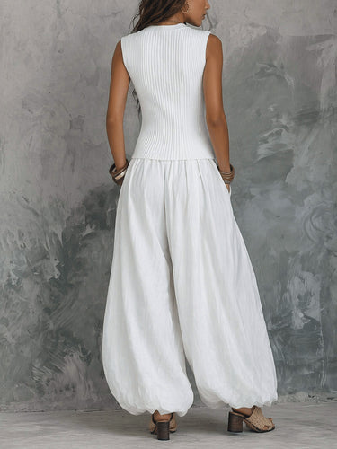 1786476 High Waisted Loose Elasticity Pleated Pockets Solid Color Pants Trousers