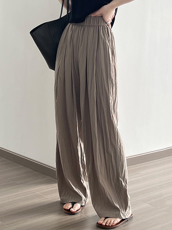 Casual Elasticity Waisted Solid Color Wide Leg Pleated Pants