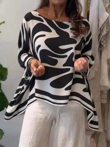 1786381 High-Low Irregularity Contrast Color Printed Round-Neck Blouses&Shirts Tops