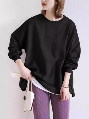 1740463 Long Sleeves Loose Solid Color Sweatshirt Tops