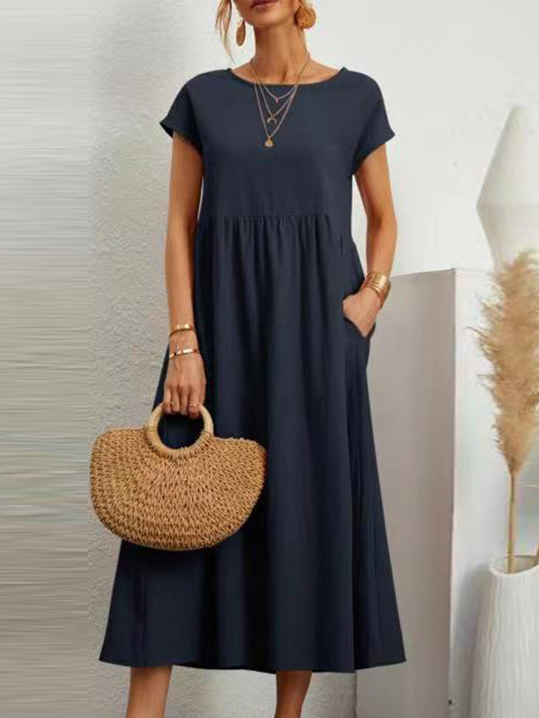 Loose Pocket Solid Color Round Neck Short Sleeve Dress main image 0