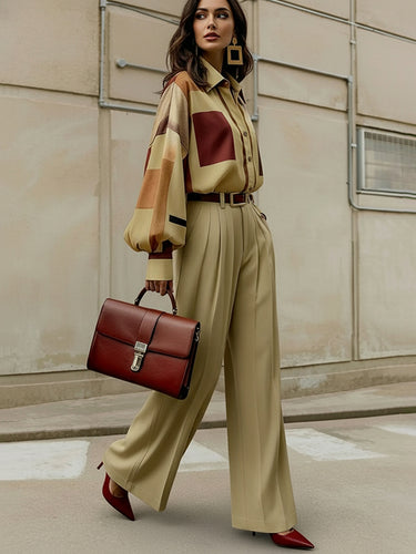 High Waisted Wide Leg No Belt Pleated Pockets Solid Color Pants Trousers