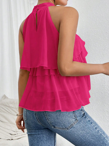 1780323 Sleeveless Hollow Ruffle Trim Solid Color Split-Joint Halter-Neck Tank Top