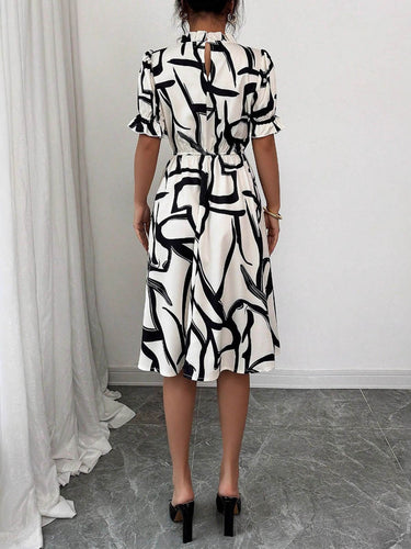 1738716 A-Line Bodycon Abstract Printed Contrast Color Ruffled Split-Joint Midi Dresses