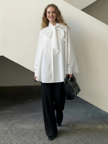 1756757 Long Sleeves Loose Bow-Embellished Buttoned Solid Color Bow Collar Blouses&Shirts Tops