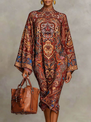 Long Sleeves Loose Contrast Color Printed Mock Neck Midi Dresses
