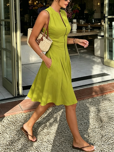 1777376 A-Line Sleeveless Pleated Pockets Solid Color Zipper Round-Neck Mini Dresses