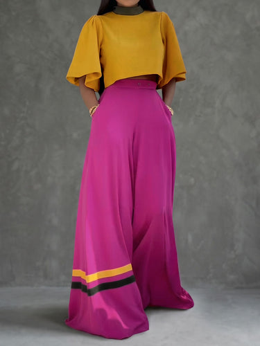 Cropped Flared Sleeves Contrast Color Pleated Stand Collar Blouses&Shirts Tops