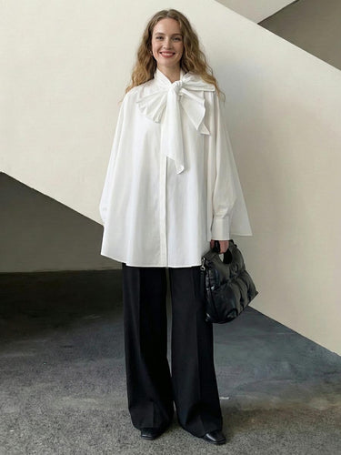 1756774 Long Sleeves Loose Bow-Embellished Buttoned Solid Color Bow Collar Blouses&Shirts Tops