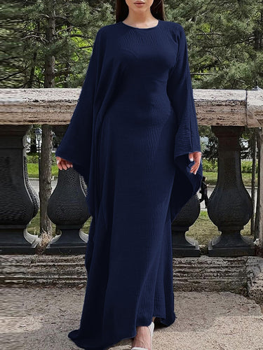 1717845 Batwing Sleeves Long Sleeves Solid Color Round-Neck Maxi Dresses