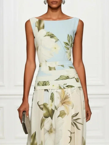 1780772 A-Line High Waisted Flower Print Pleated Split-Joint Zipper Round-Neck Maxi Dresses