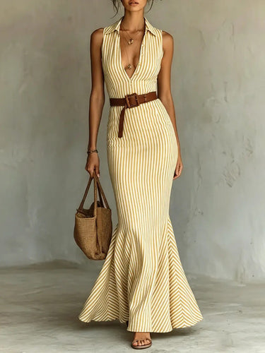 1782029 Bodycon Mermaid Belted Striped Deep V-Neck Maxi Dresses